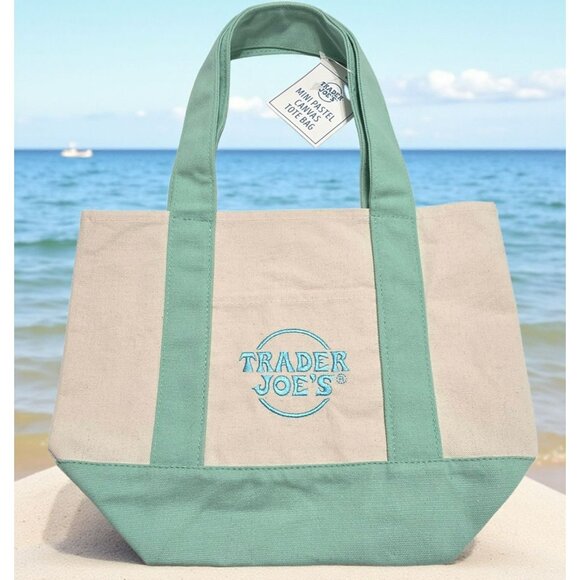 Trader Joes Canvas Tote Bag Mint Green Beige Reusable Grocery Book Sack Travel - Picture 1 of 6